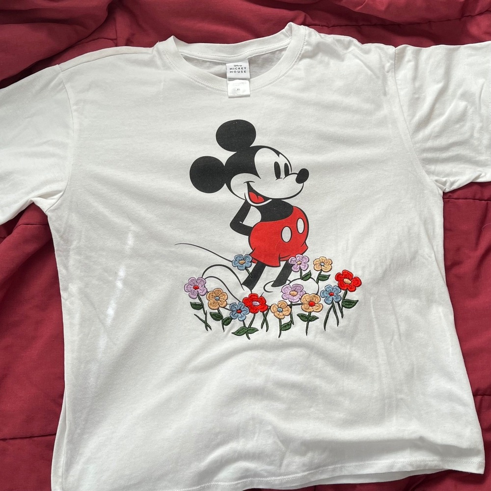 Disney Mickey Mouse T Shirt Embroidered Flowers‎ White XL